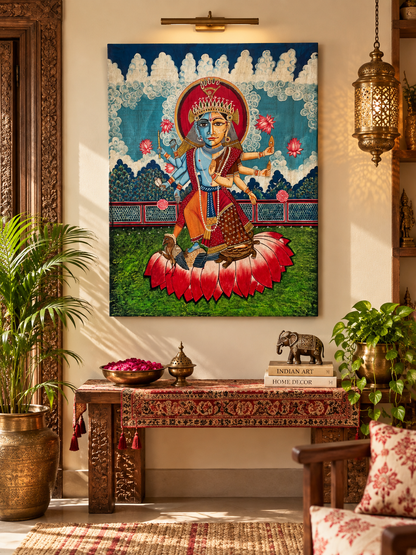 Hand-Painted Lord Vishnu & Goddess Lakshmi on Lotus Wall Art