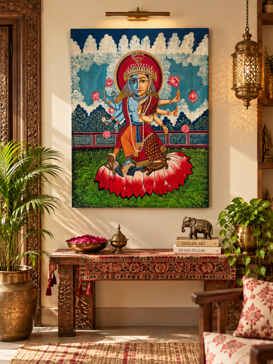 Hand-Painted Lord Vishnu & Goddess Lakshmi on Lotus Wall Art