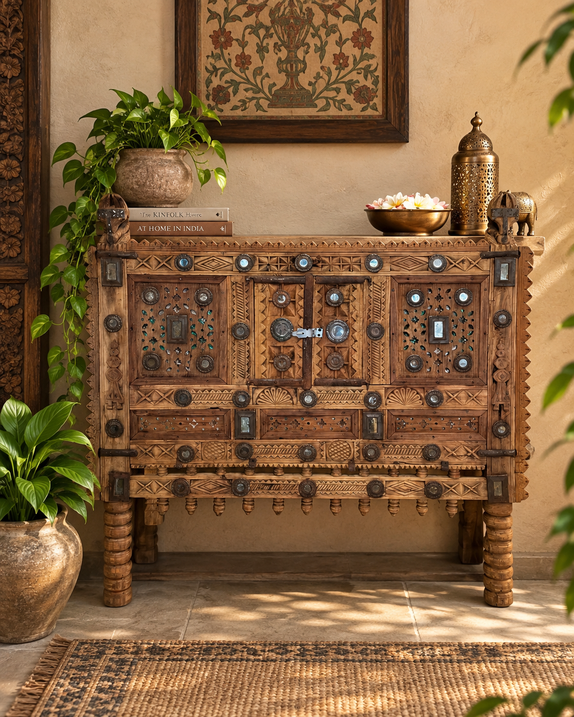 vintage kutch gujarat hand-carved wooden dowry chest damchiya with mirror inlay & iron details
