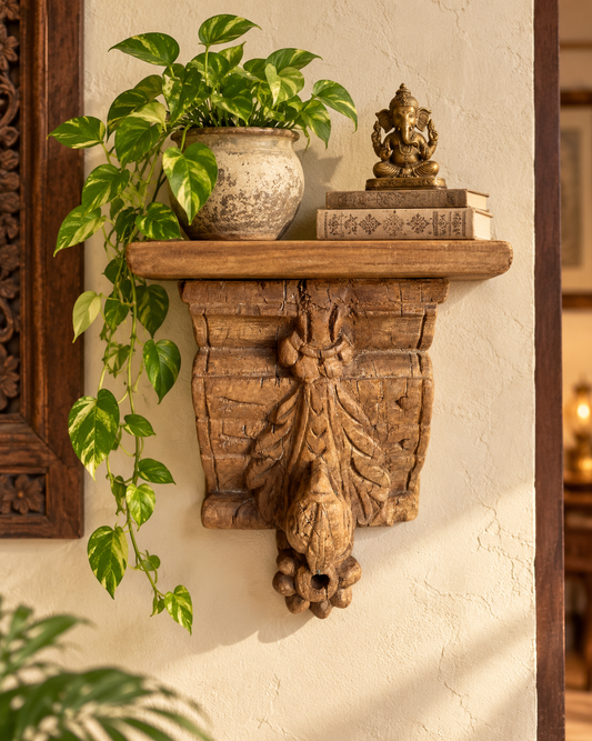Vintage Hand-Carved Floral Bird Wooden Wall Shelf