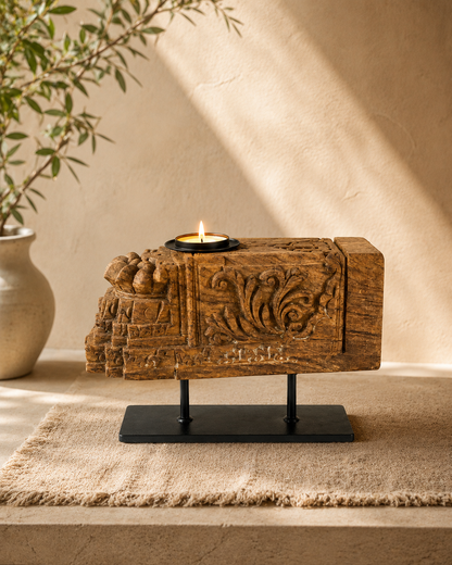 Vintage Hand-Carved Wooden Candle Holder on Iron Stand