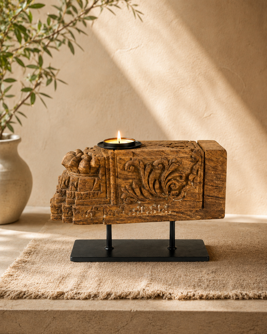 Vintage Hand-Carved Wooden Candle Holder on Iron Stand