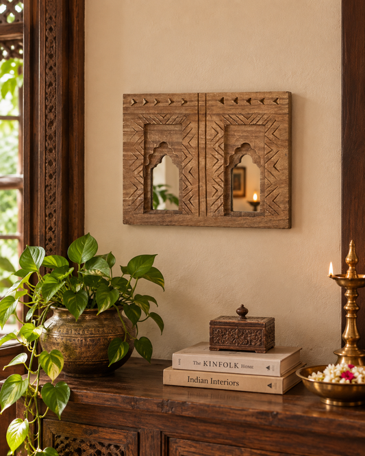 Hand-Carved Wooden Double Mirror Temple Frame