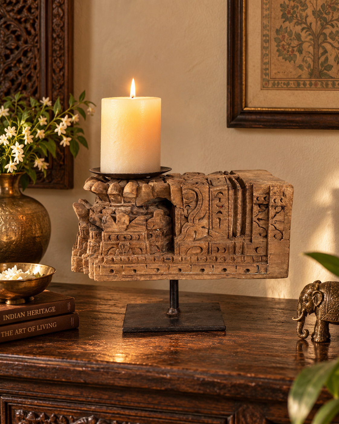 vintage hand-carved architectural wooden candle holder on iron stand