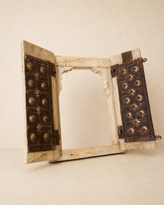 Bleached Hand-Carved Shekhawati Haveli Window with Functional Opening Shutters