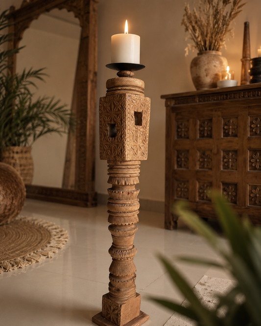 Vintage Hand-Carved Wooden Charpai Leg Candle Holder
