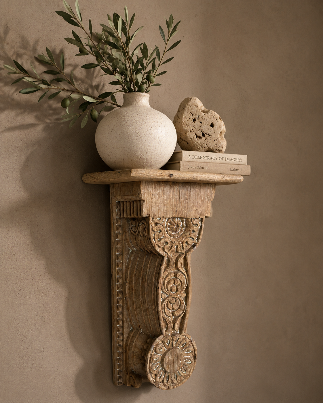 vintage hand-carved bleach finish wooden wall shelf