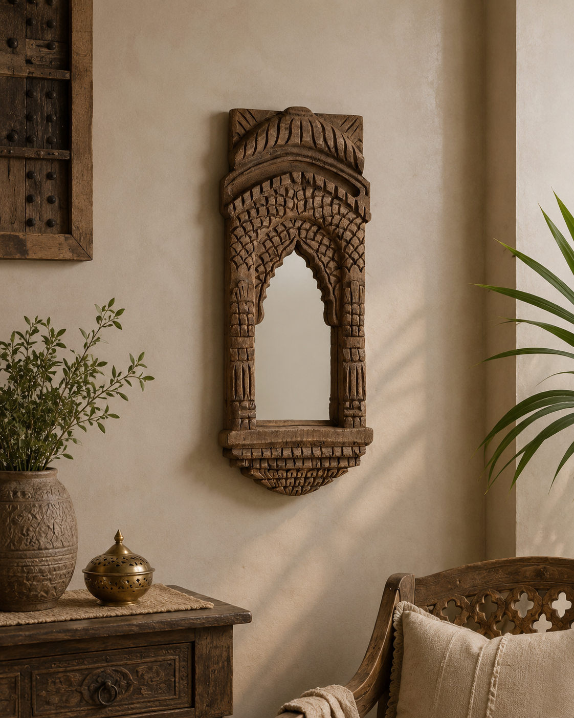 hand-carved teak wood heritage arch wall mirror
