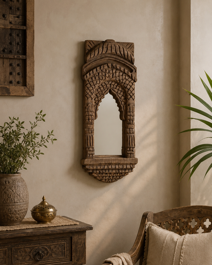 Hand-Carved Teak Wood Heritage Arch Wall Mirror