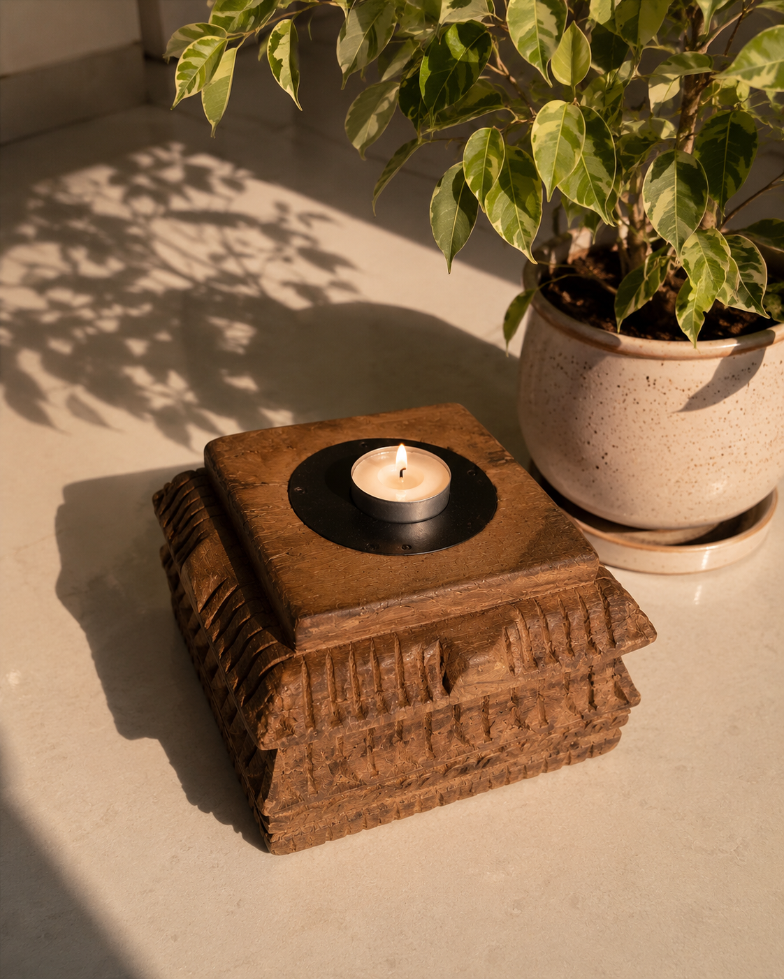 vintage hand-carved old teak wood candle holder