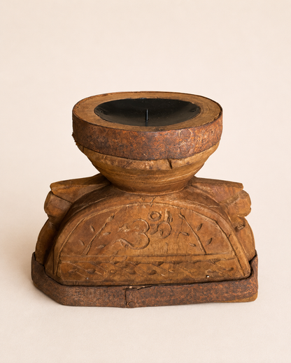 Vintage Hand-Carved 'ॐ' Seeder Wooden Candle Holder