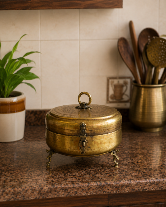 Antique Hand-Etched Brass Chapati Box with Decorative Three-Legged Base | Vintage Indian Storage Box