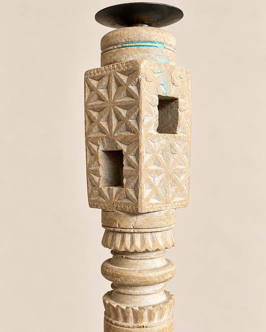 Vintage Hand-Carved Wooden Charpai Leg Candle Stand – Bleach Finish