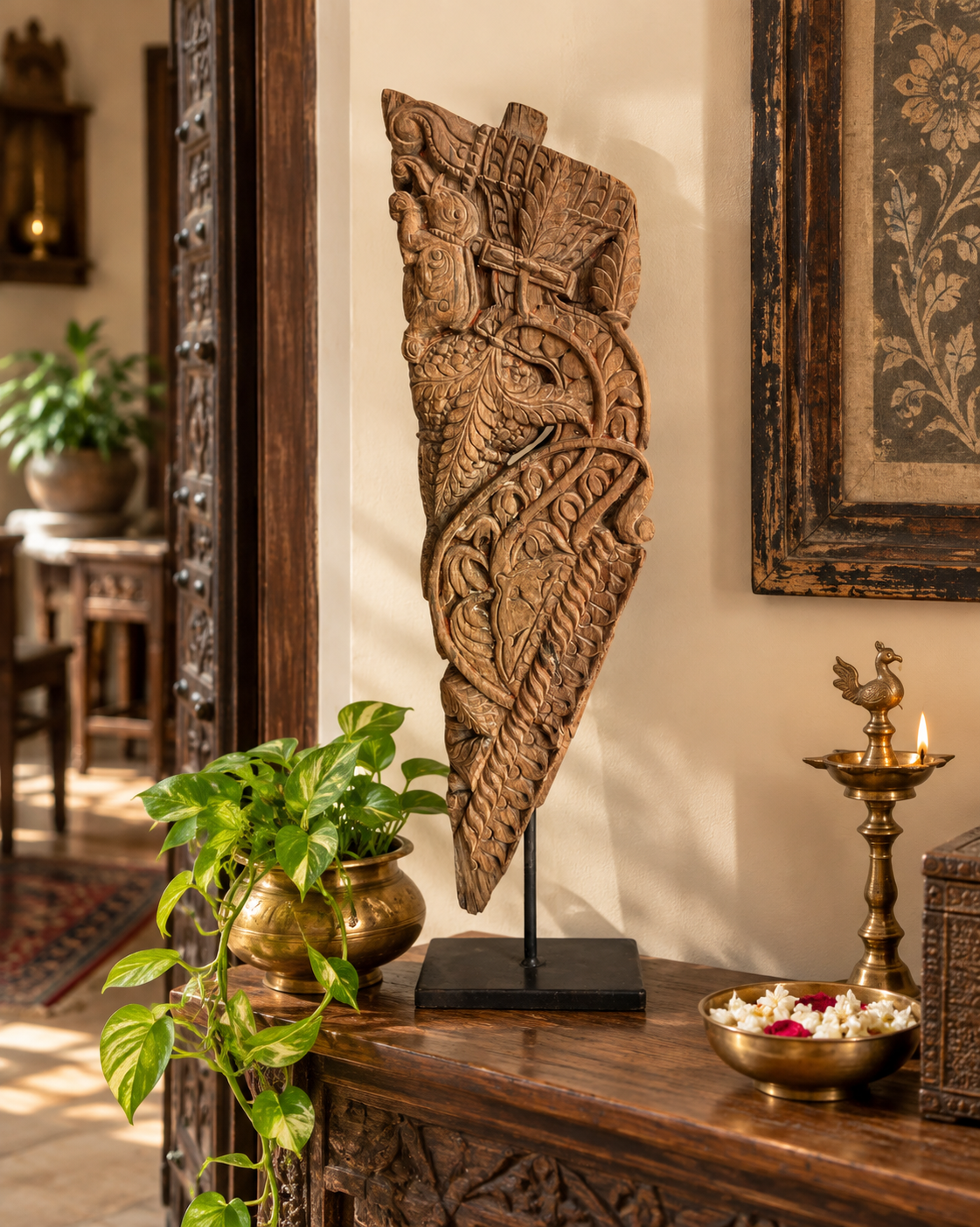 vintage hand-carved yali sculpture on iron stand
