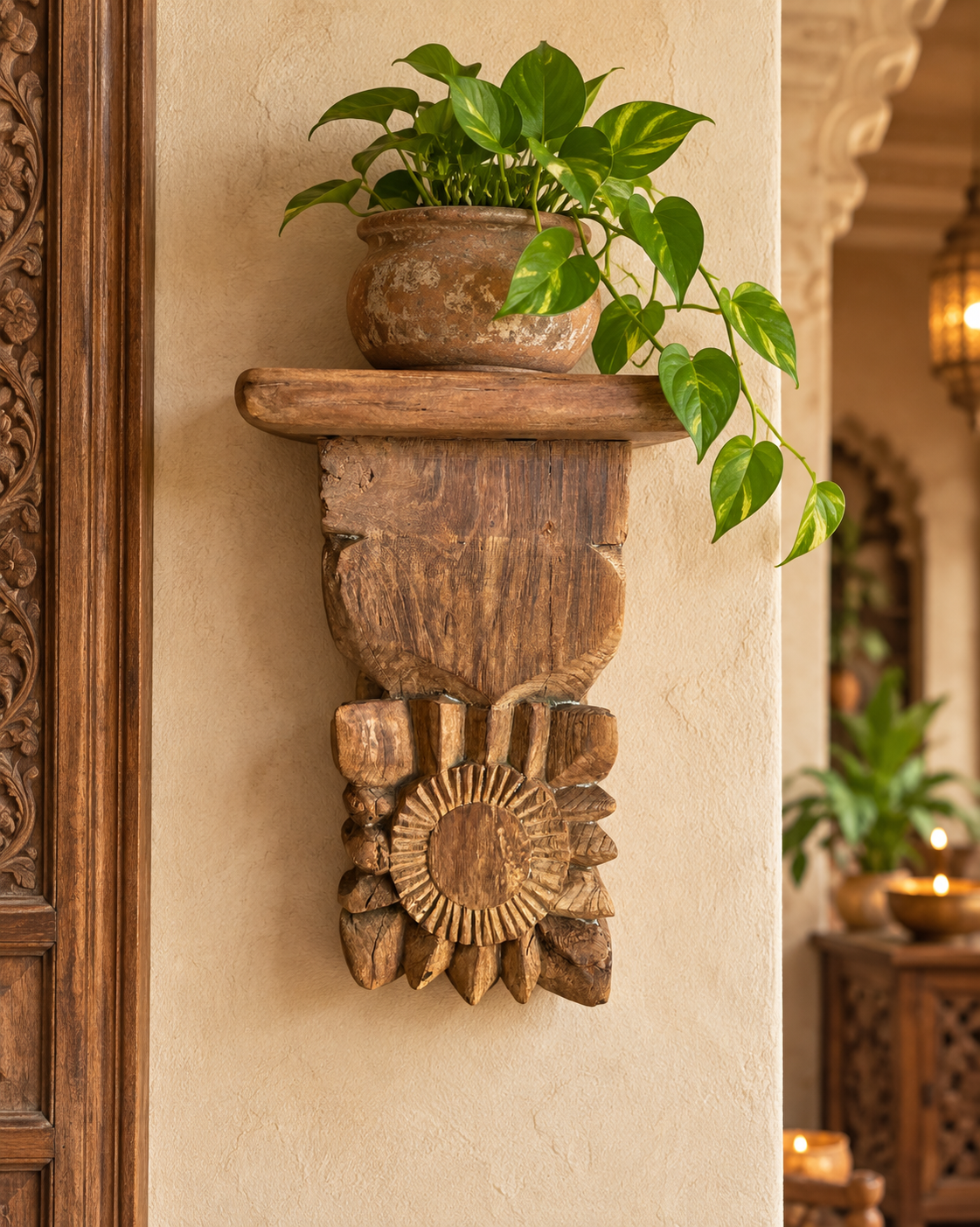 vintage hand-carved sunburst & floral wooden wall shelf