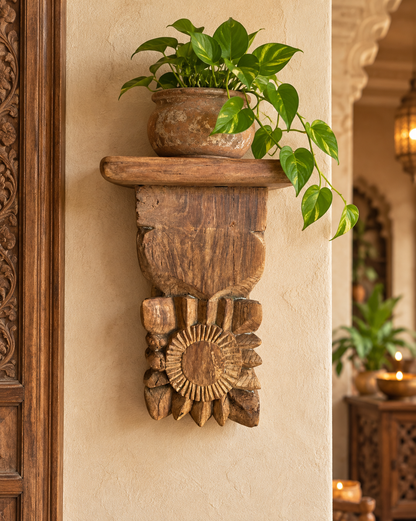 Vintage Hand-Carved Sunburst & Floral Wooden Wall Shelf