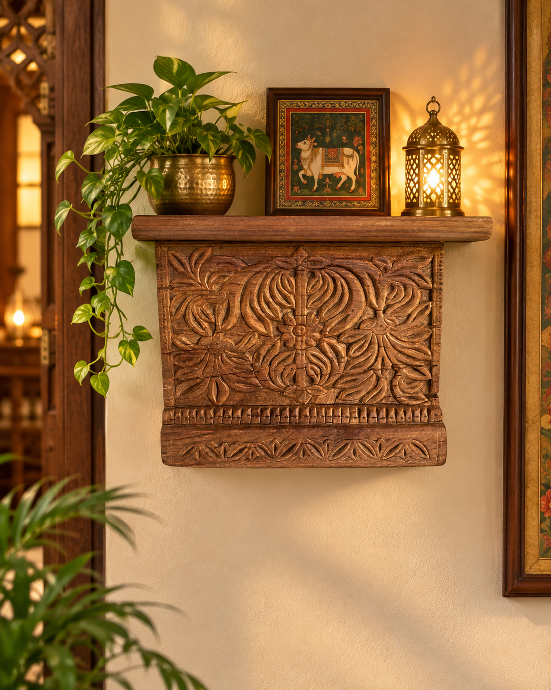 old hand-carved floral & leaf wooden wall shelf