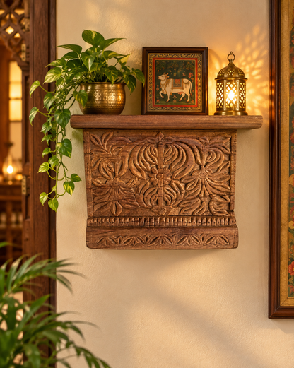 Old Hand-Carved Floral & Leaf Wooden Wall Shelf