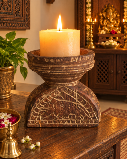 Old Indian Hand-Carved Elephant and Shree Candle, Planter & Statue Holder