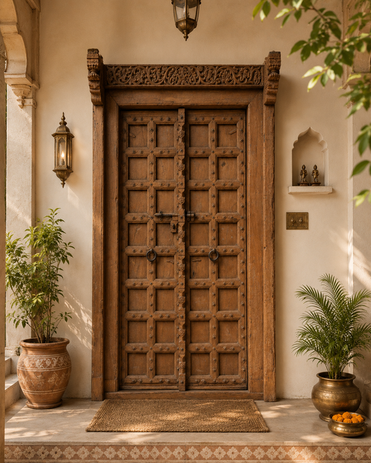 Vintage Hand-Carved Teak Wood Haveli Door
