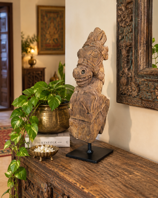 Vintage South Indian Hand-Carved Wooden Horse Head on Iron Stand