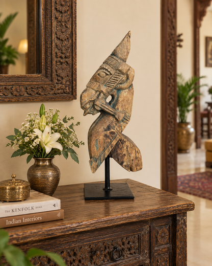 Vintage Distressed Hand-Carved Wooden Horse Bracket on Iron Stand