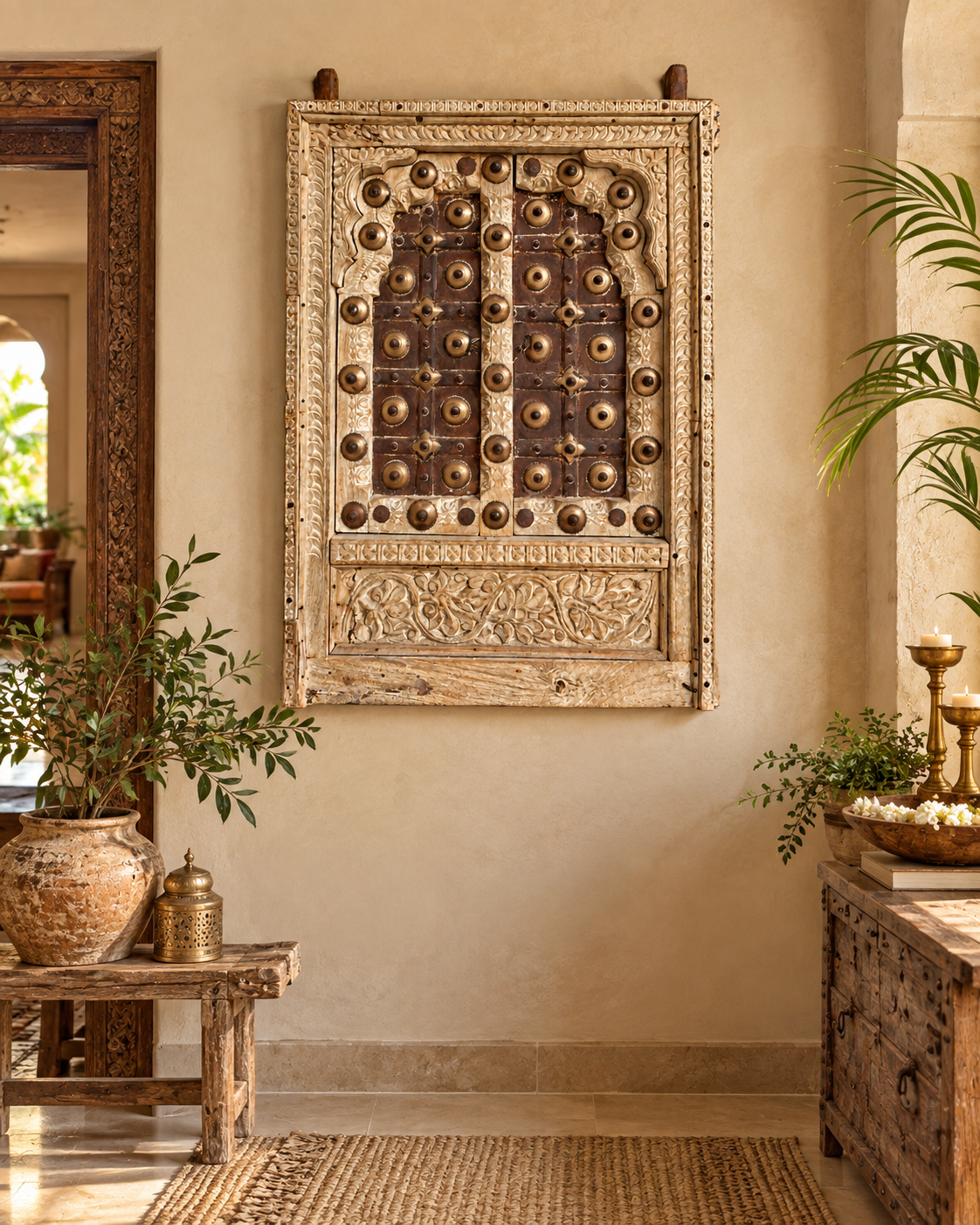 antique hand-carved shekhawati wooden decor window panel