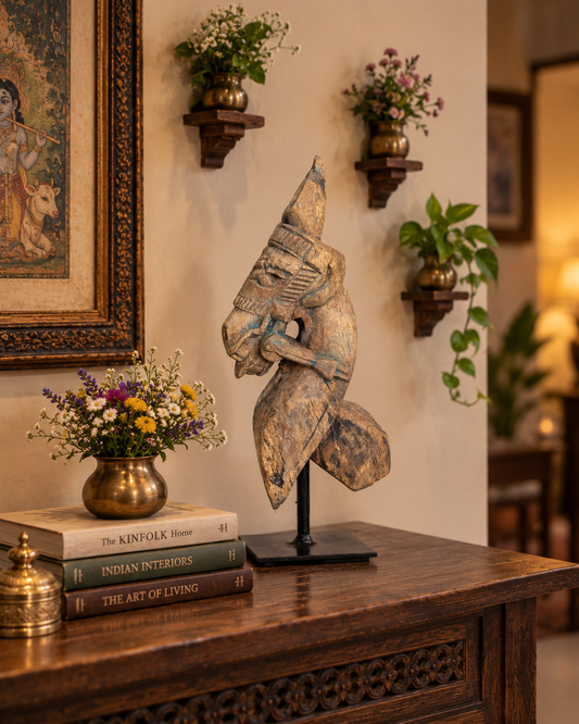 Hand-Carved Wooden Horse Bracket on Iron Stand