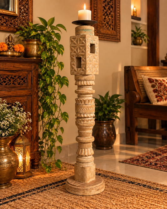 Vintage Hand-Carved Wooden Charpai Leg Candle Stand – Bleach Finish
