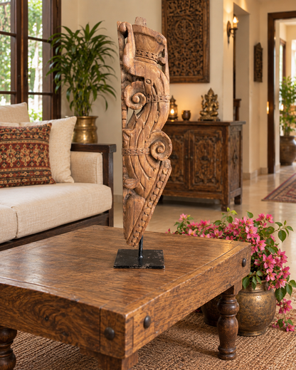 Vintage Hand-Carved Yali Bracket on Iron Stand