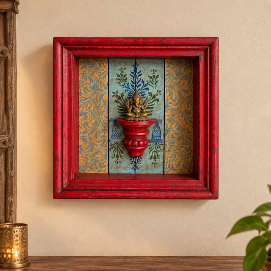 Vintage Hand-Painted Floral Wooden Jharokha Frame with Small Shelf