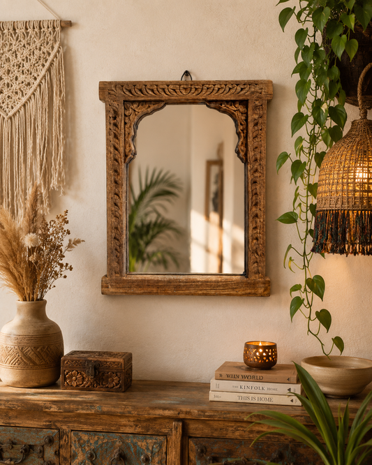 Vintage Hand-Carved Teak Wood Wall Hanging Mirror Frame