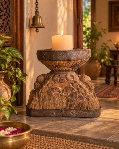 Vintage Hand-Carved Wooden Candle, Planter & Statue Holder