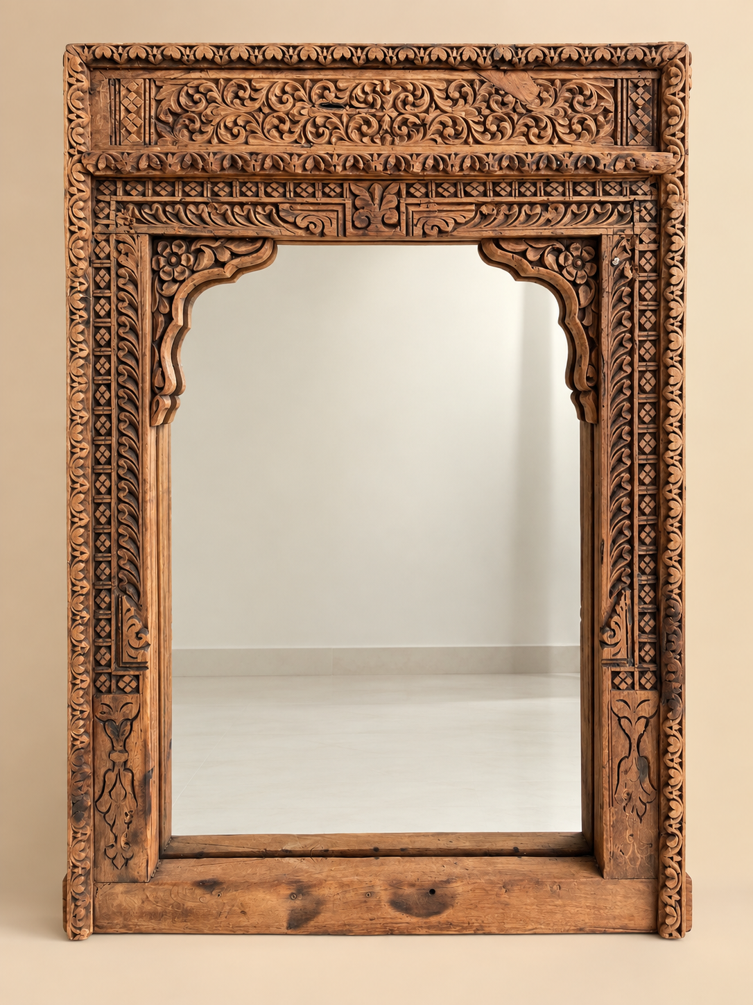 old indian hand-carved mirror frame