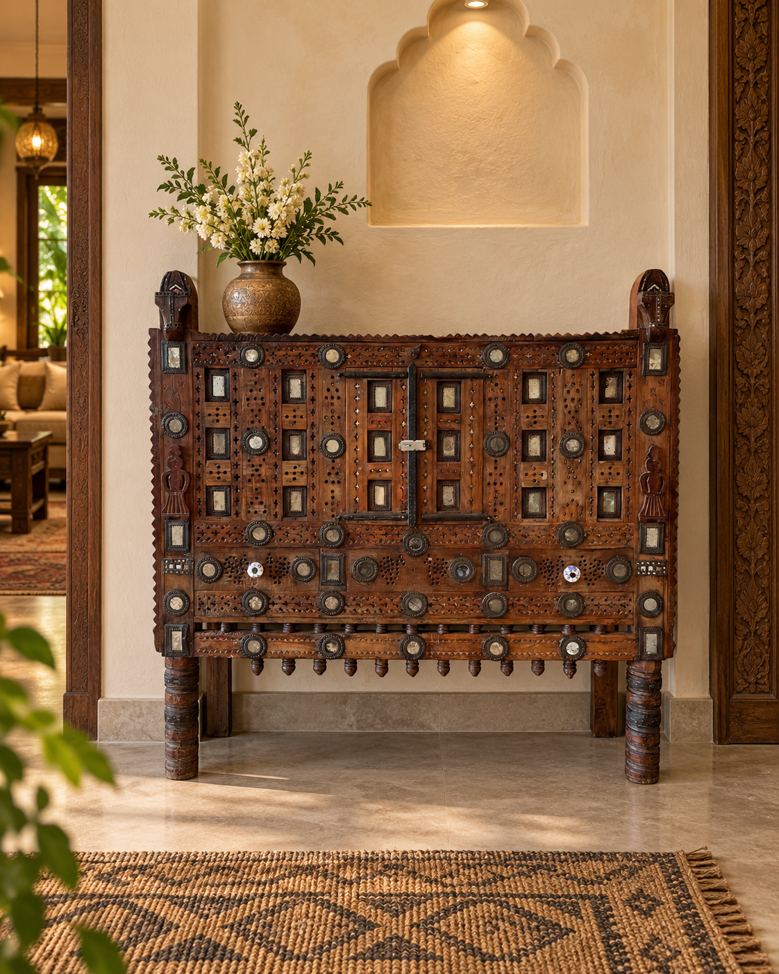 old gujarat kutch wooden damchiya with mirror inlay with traditional chor khana / secret storage