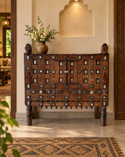 Old Gujarat Kutch Wooden Damchiya with Mirror Inlay with Traditional Chor Khana / Secret Storage
