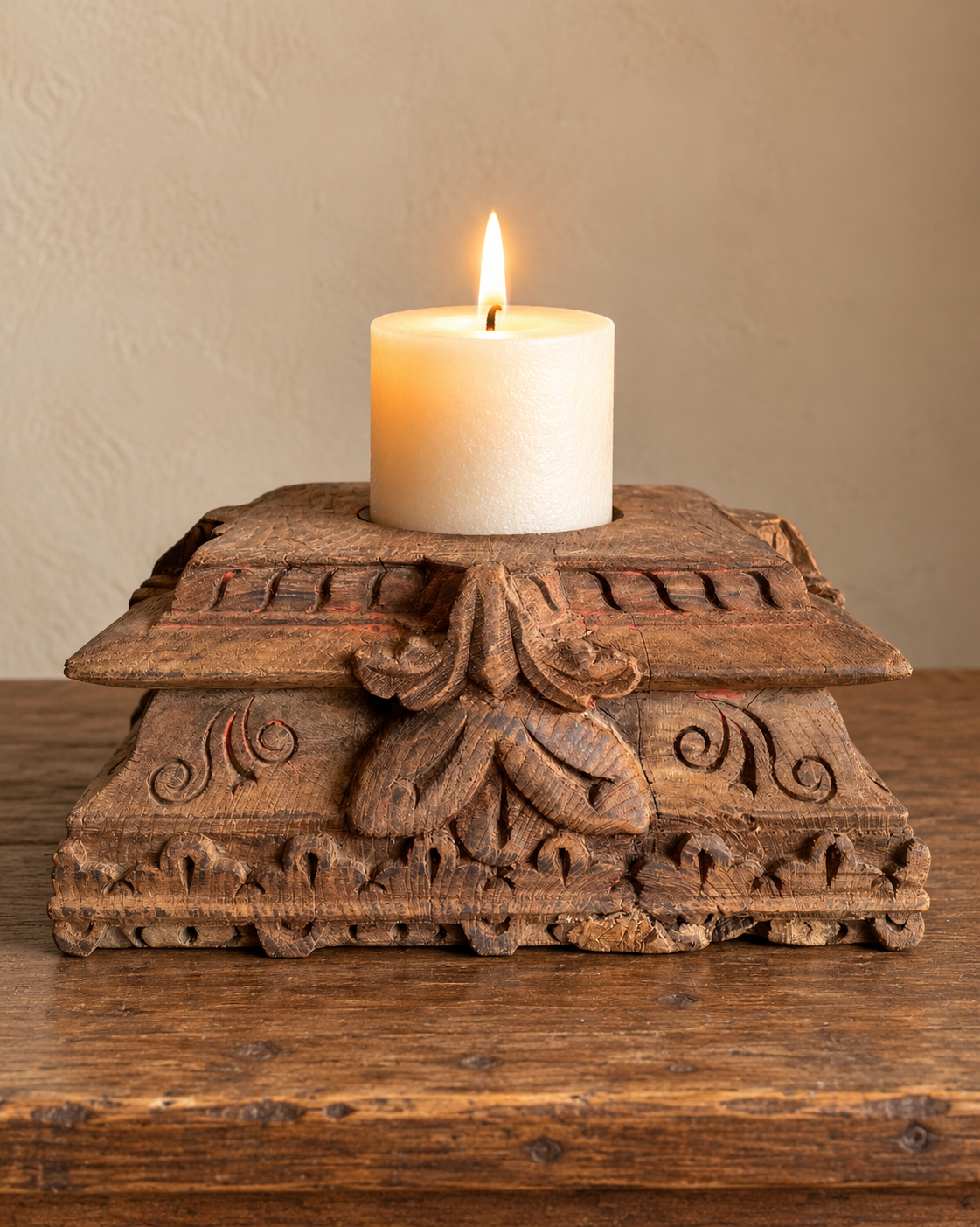 vintage hand-carved floral wooden pillar base candle holder