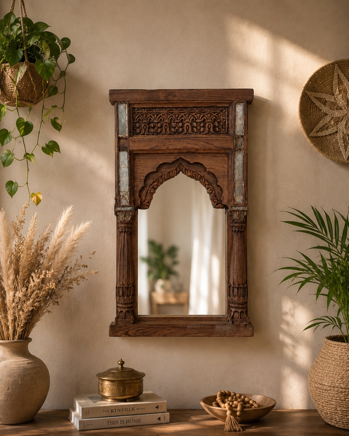 heritage temple pillar wall mirror with original aged glass