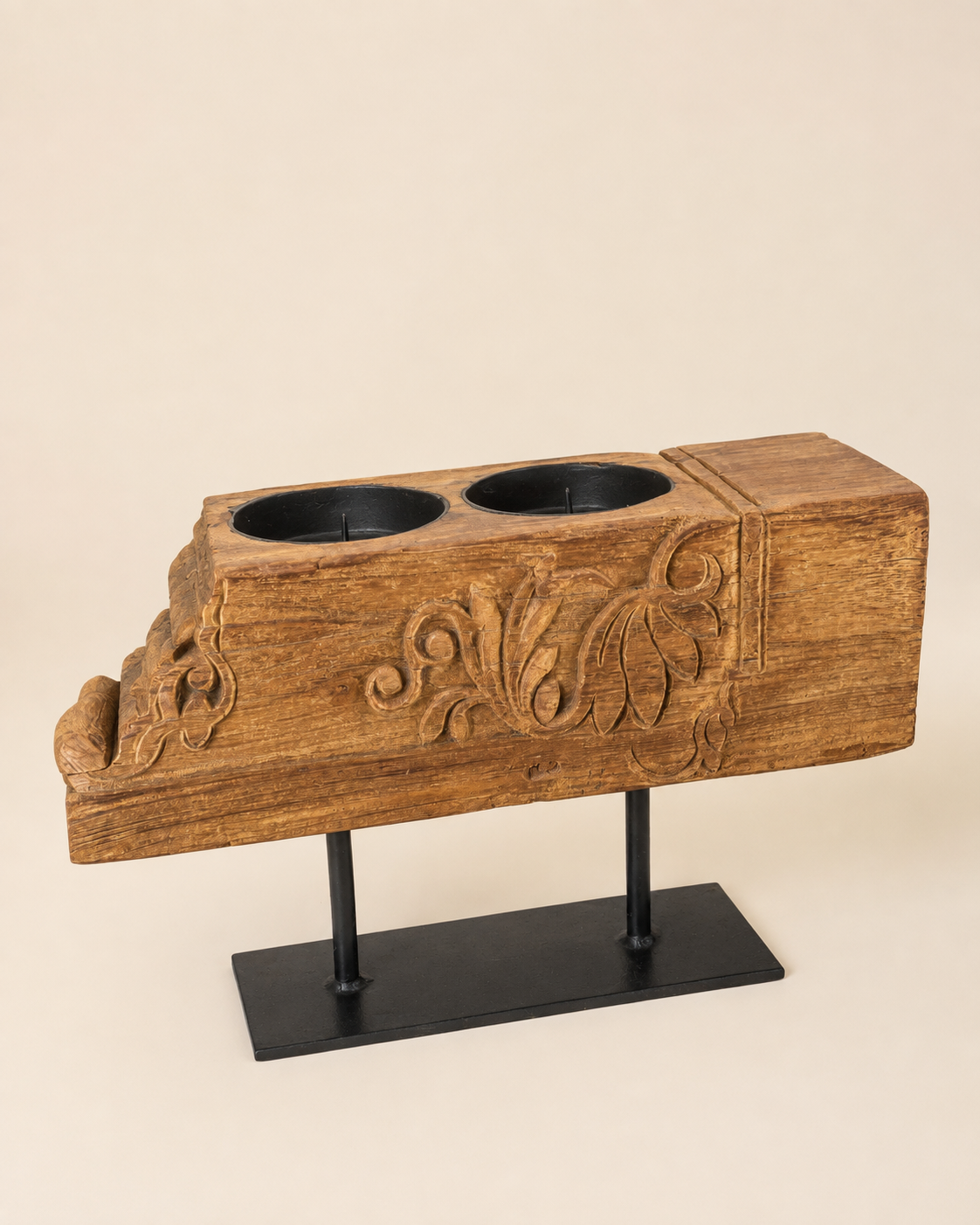 vintage hand-carved teak wood dual candle stand / plant holder / statue holder