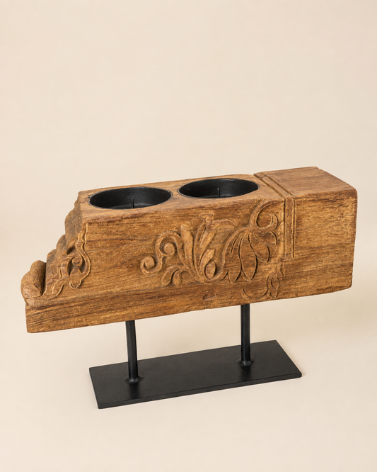 Vintage Hand-Carved Teak Wood Dual Candle Stand / Plant Holder / Statue Holder