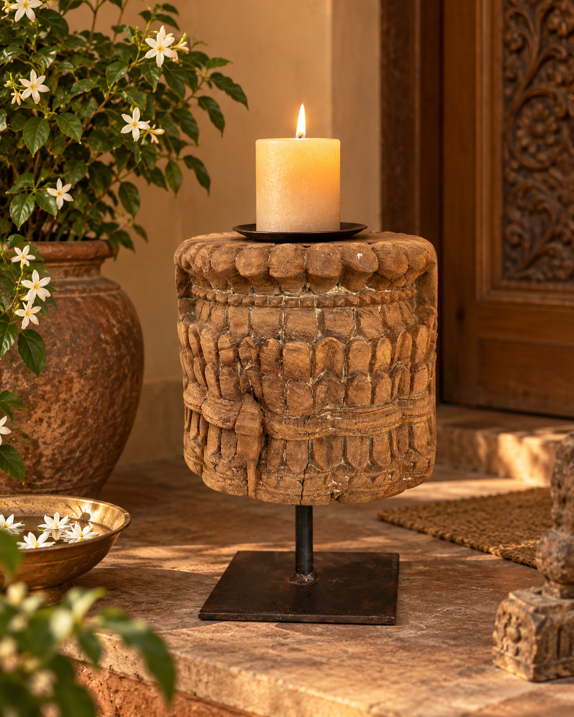 vintage wooden carving candle stand on iron stand