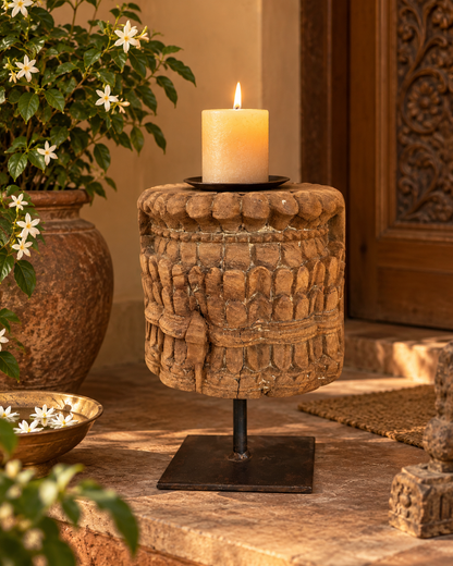 Vintage Wooden Carving Candle Stand on Iron Stand