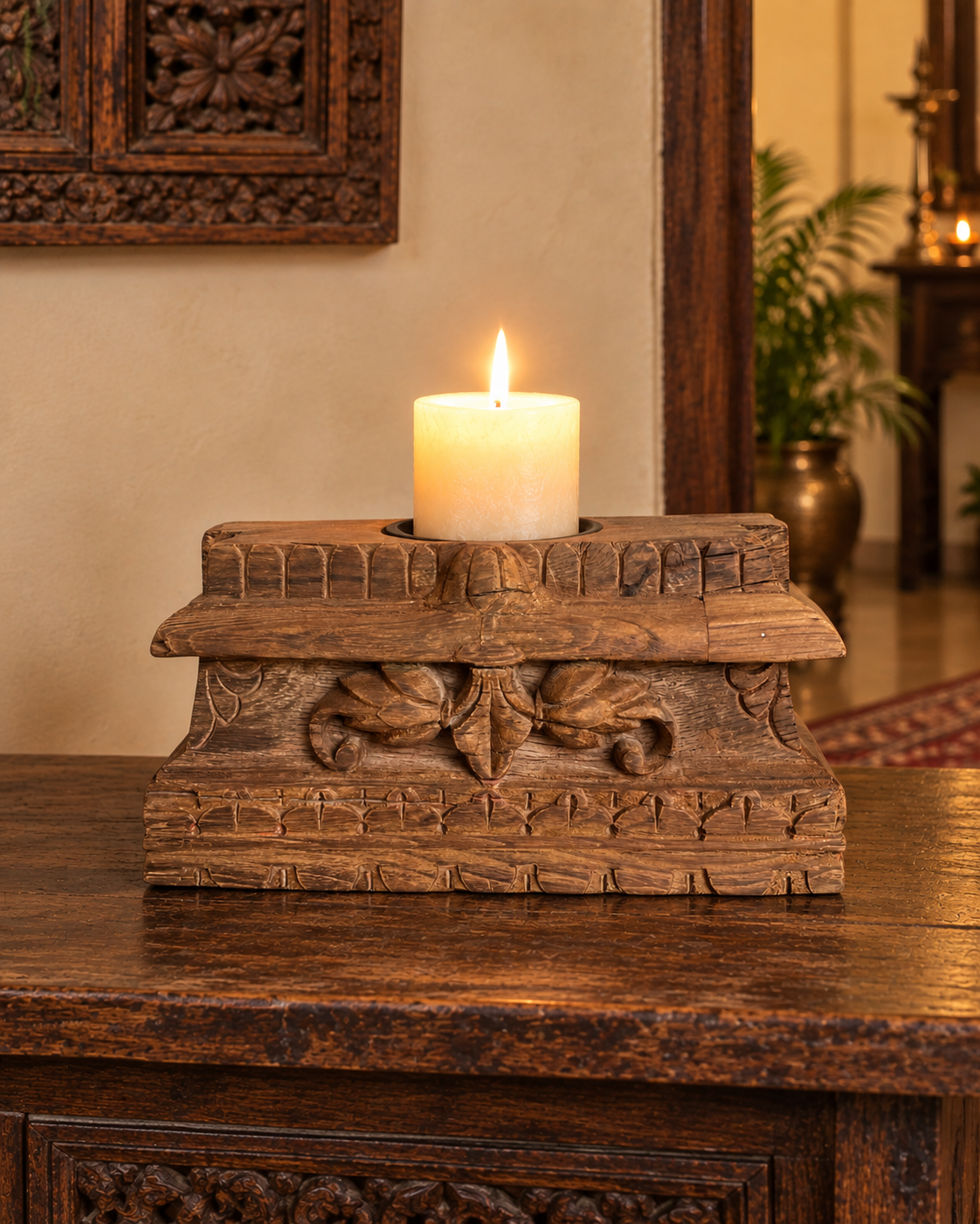 vintage floral carved teak wood candle holder
