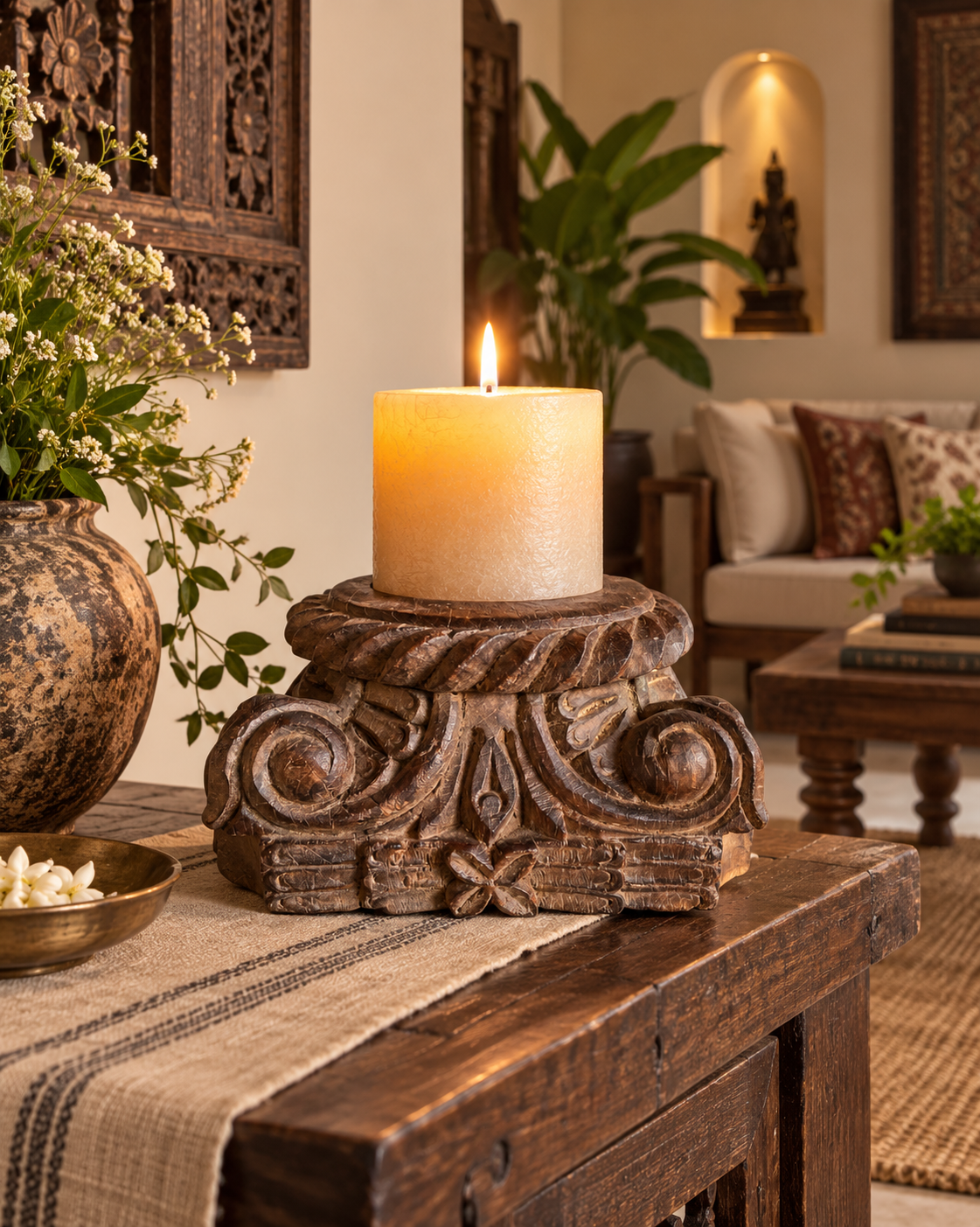 vintage gujarat hand-carved scrollwork wooden pillar base candle holder