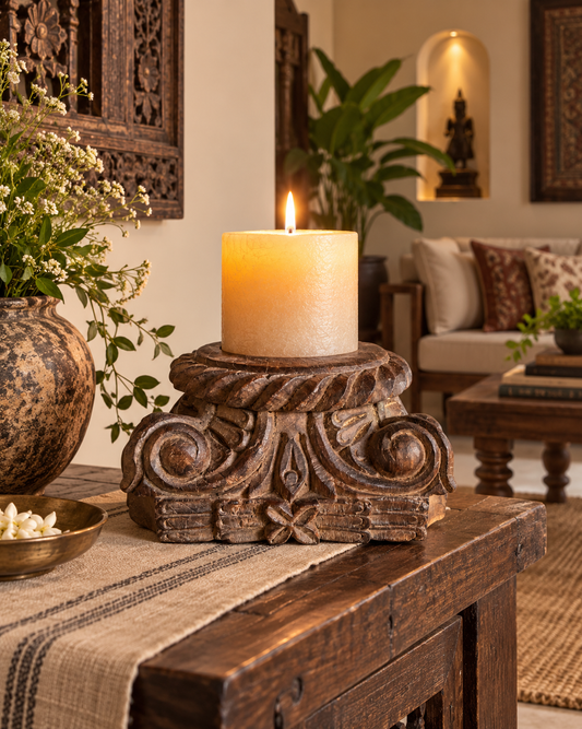 Vintage Gujarat Hand-Carved Scrollwork Wooden Pillar Base Candle Holder