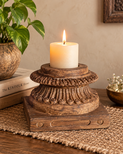 Vintage Gujarat Hand-Carved Round Pillar Base Candle Holder