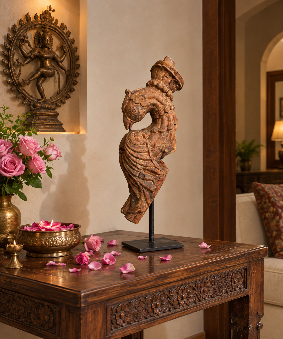 vintage south indian hand-carved peacock on iron stand