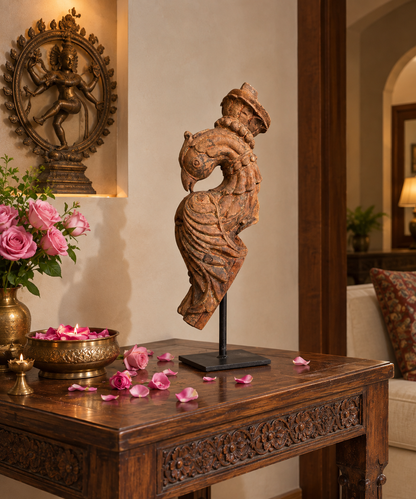 Vintage South Indian Hand-Carved Peacock on Iron Stand