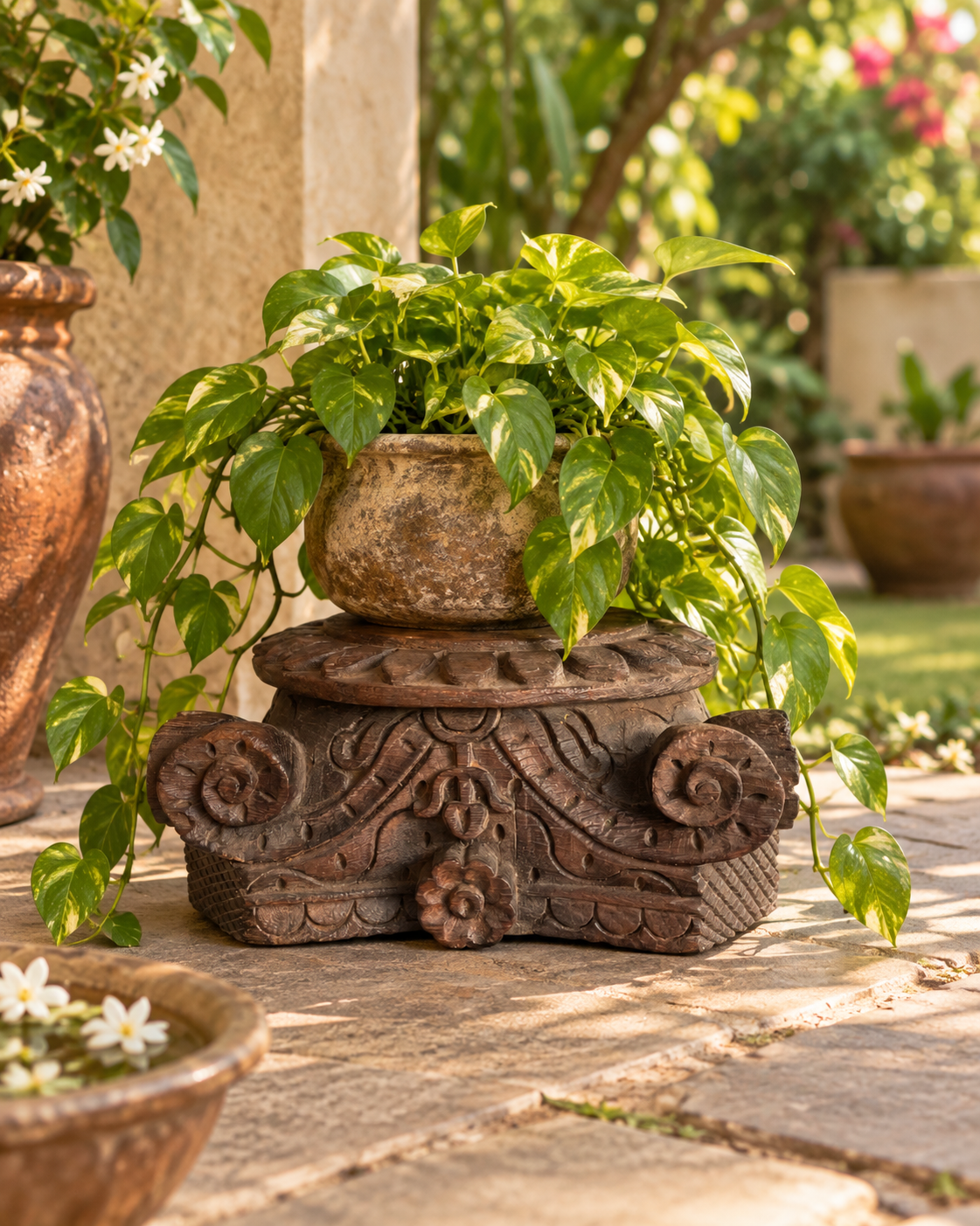 vintage gujarat hand-carved wooden pillar base candle holder / planter