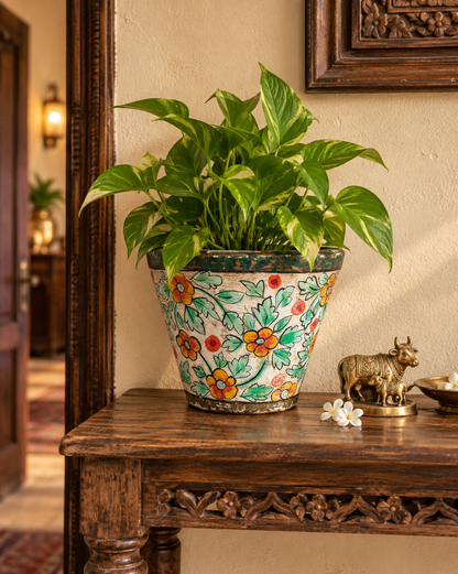 Hand-Painted Floral Wooden Pot Vase